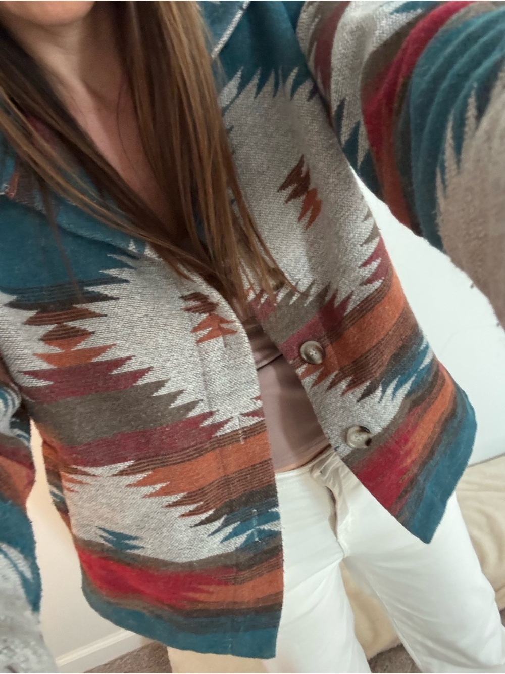 Aztec-Pattern Button Front Button Jacket in Teal, Rust & Cream